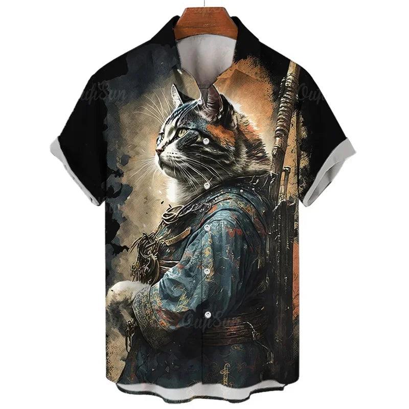 Fashion Men's hawaiian shirts 3D Print Japanese Camurai Cat Casual Shirts For Men summer short sleeve tee tops Aloha Shirts - Durage Collection