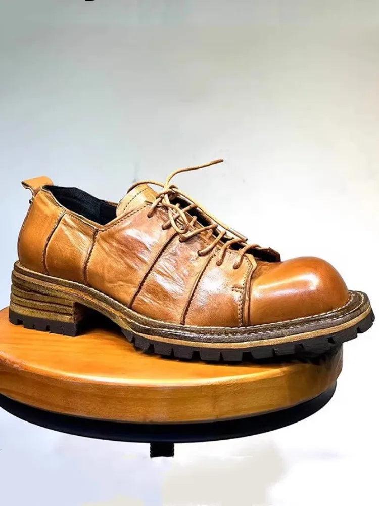 Men Vintage Dress Shoes Lace Up Horsehide Genuine Leather Shoes Thick Bottom Spliced Design Business Casual Derby Shoes Male - Durage Collection