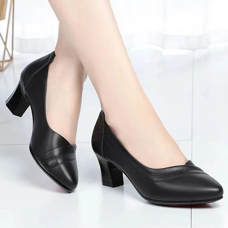 Women Fashion Light Weight Wedge Heel Comfort Spring & Autumn Shoes Lady Casual Sweet Home & Outside Black Leather Pumps E1419 - Durage Collection