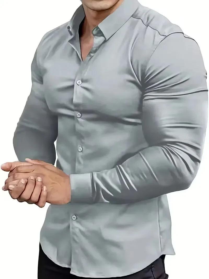 New men's solid color simple casual Korean version slim fit long sleeved shirt - Durage Collection