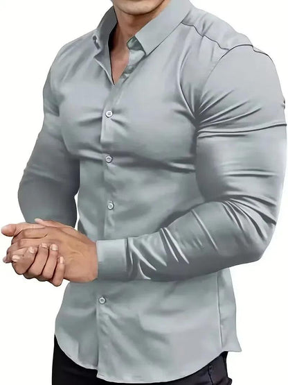 New men's solid color simple casual Korean version slim fit long sleeved shirt - Durage Collection