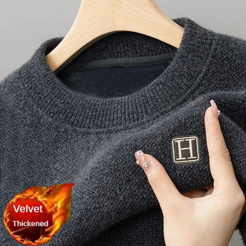 Winter Men's Warm Fleece Sweater O-Neck Embroidered Casual Knitted - Durage Collection