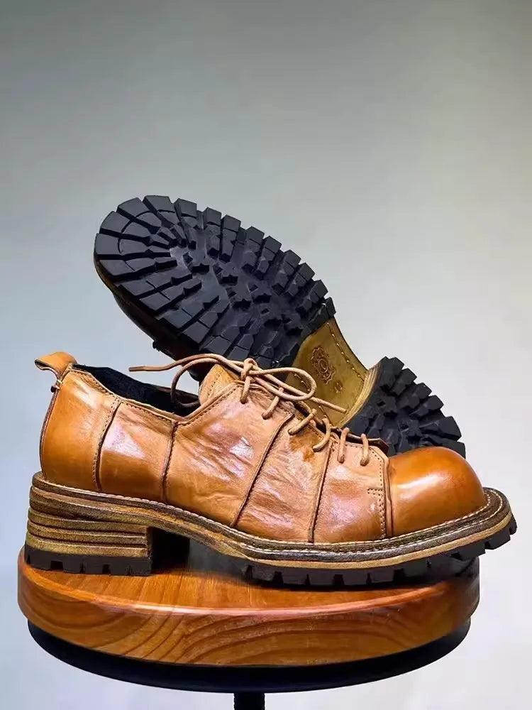 Men Vintage Dress Shoes Lace Up Horsehide Genuine Leather Shoes Thick Bottom Spliced Design Business Casual Derby Shoes Male - Durage Collection
