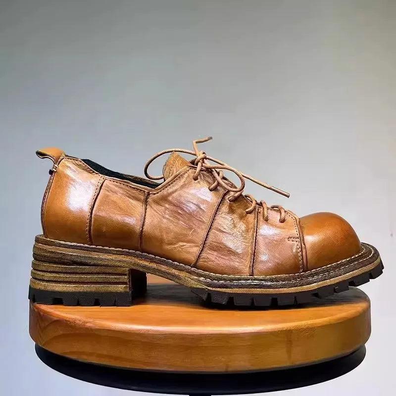 Men Vintage Dress Shoes Lace Up Horsehide Genuine Leather Shoes Thick Bottom Spliced Design Business Casual Derby Shoes Male - Durage Collection