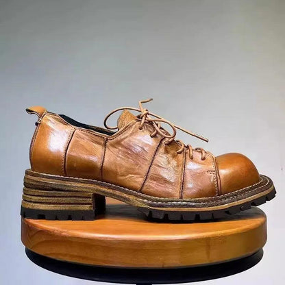 Men Vintage Dress Shoes Lace Up Horsehide Genuine Leather Shoes Thick Bottom Spliced Design Business Casual Derby Shoes Male - Durage Collection