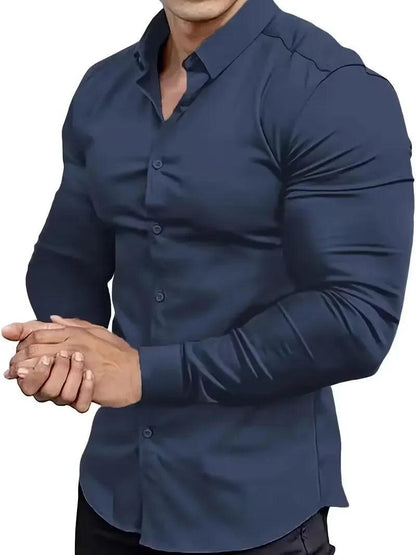 New men's solid color simple casual Korean version slim fit long sleeved shirt - Durage Collection