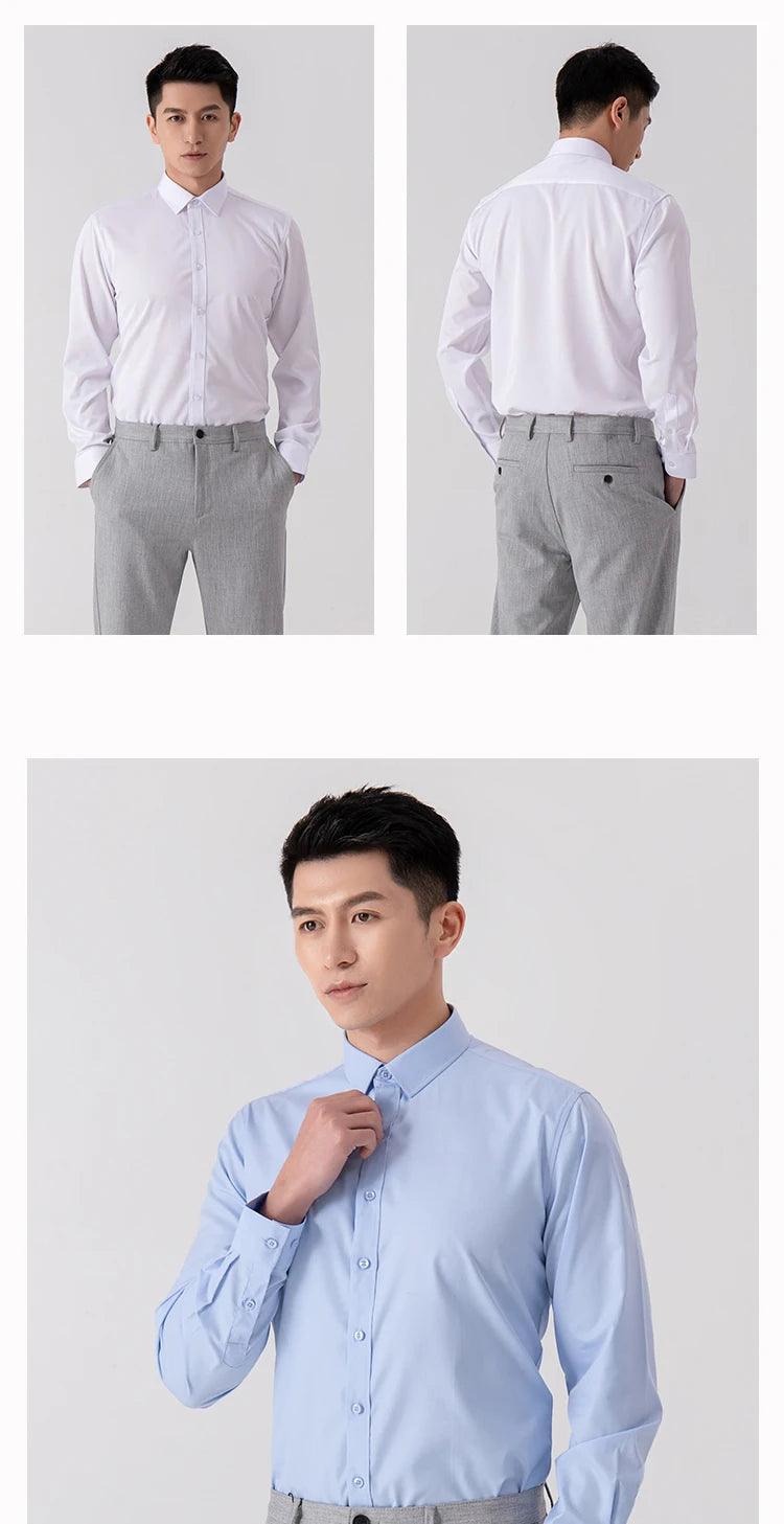 New Men's Solid Color Business Shirt Formal Fashion Thin Classic Basic Casual Slim White Long Sleeve Social Shirt Brand Clothes - Durage Collection