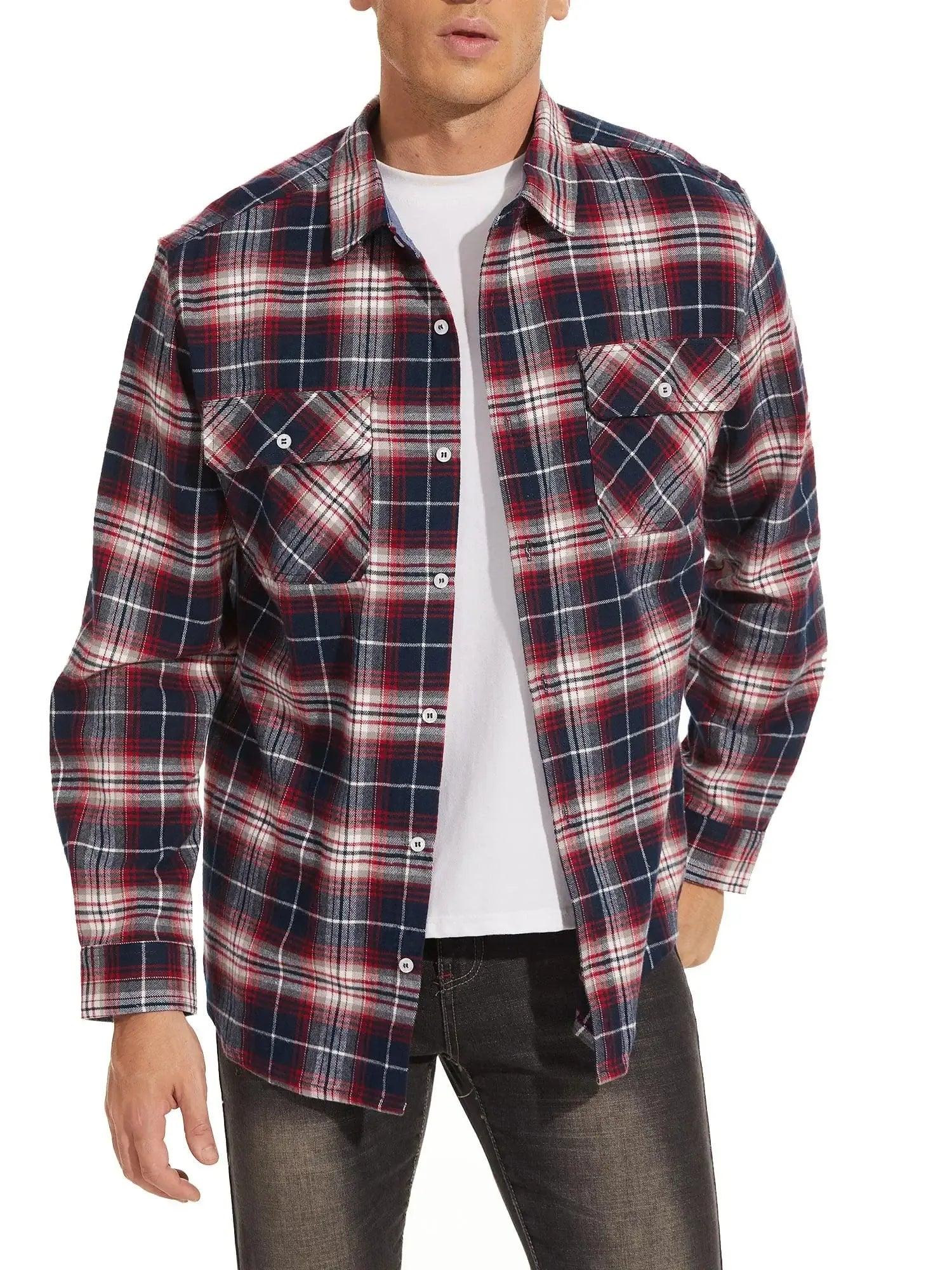 TACVASEN Oversize Lightweight Shirt Jacket Button Down Cotton Plaid Shirts Mens Long Sleeve Streetwear Flannel Shirts W/ Pockets - Durage Collection