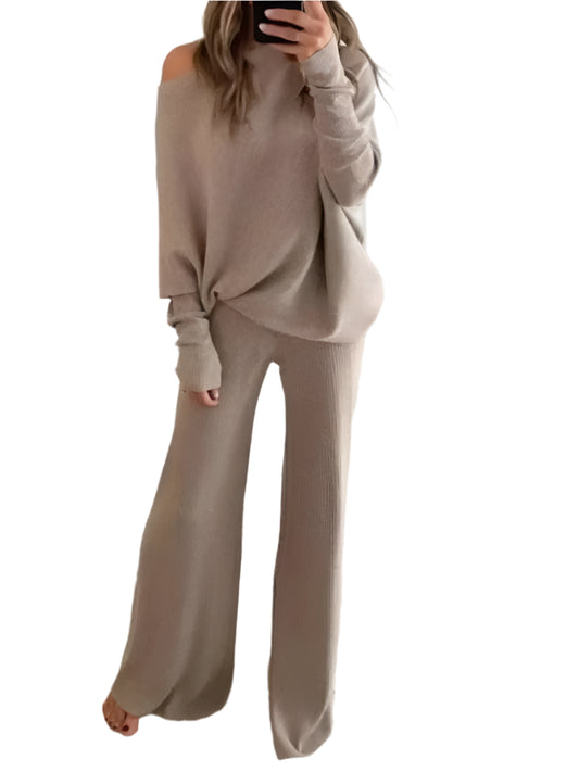 Fashion Long-sleeved Bateau Collar Top + Wide-leg Pants 2-piece Set Women Elegant Autumn Solid Color Knitted Loose Suit Female - Durage Collection