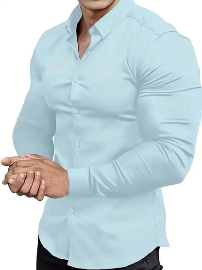 New men's solid color simple casual Korean version slim fit long sleeved shirt - Durage Collection