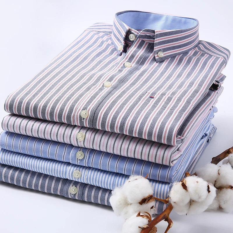 New Oxford woven men's shirt long sleeve striped fashion print casual business social breathable no-iron buckle collar - Durage Collection