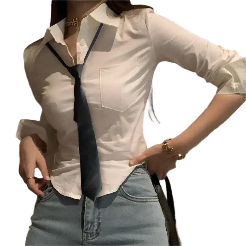 Gidyq Elegant Women Korean Shirts Fashion Streetwear Female Slim Blouse Spring Y2K Casual Office Ladies Sexy Cropped Tops New - Durage Collection