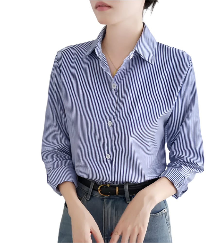 Blue Striped Shirt For Women Loose Spring Autumn Casual Long Sleeves Shirt Fashion Clothes For Ladies Office Lady Wear - Durage Collection