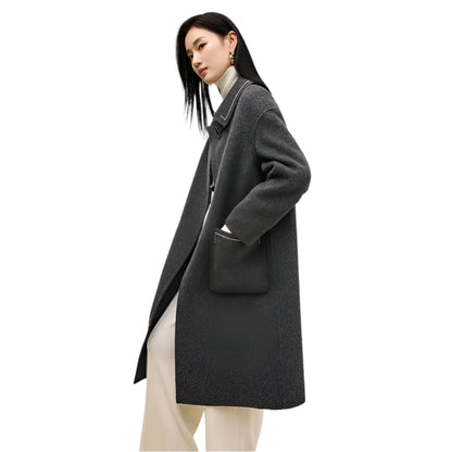 SENTUBILA Korean Style 100% Wool Coat Women 2024 Winter Oversize Double Sided Turn Down Collar Big Pockets Overcoat W44O56662 - Durage Collection