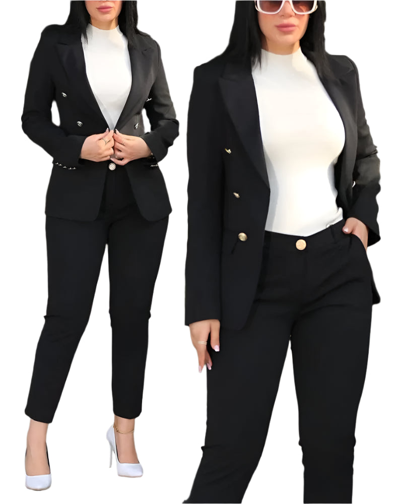 2pcs Women Office Clothing Set Long Sleeve Blazer Jacket & High Waist Pencil Pants Solid Color - Durage Collection