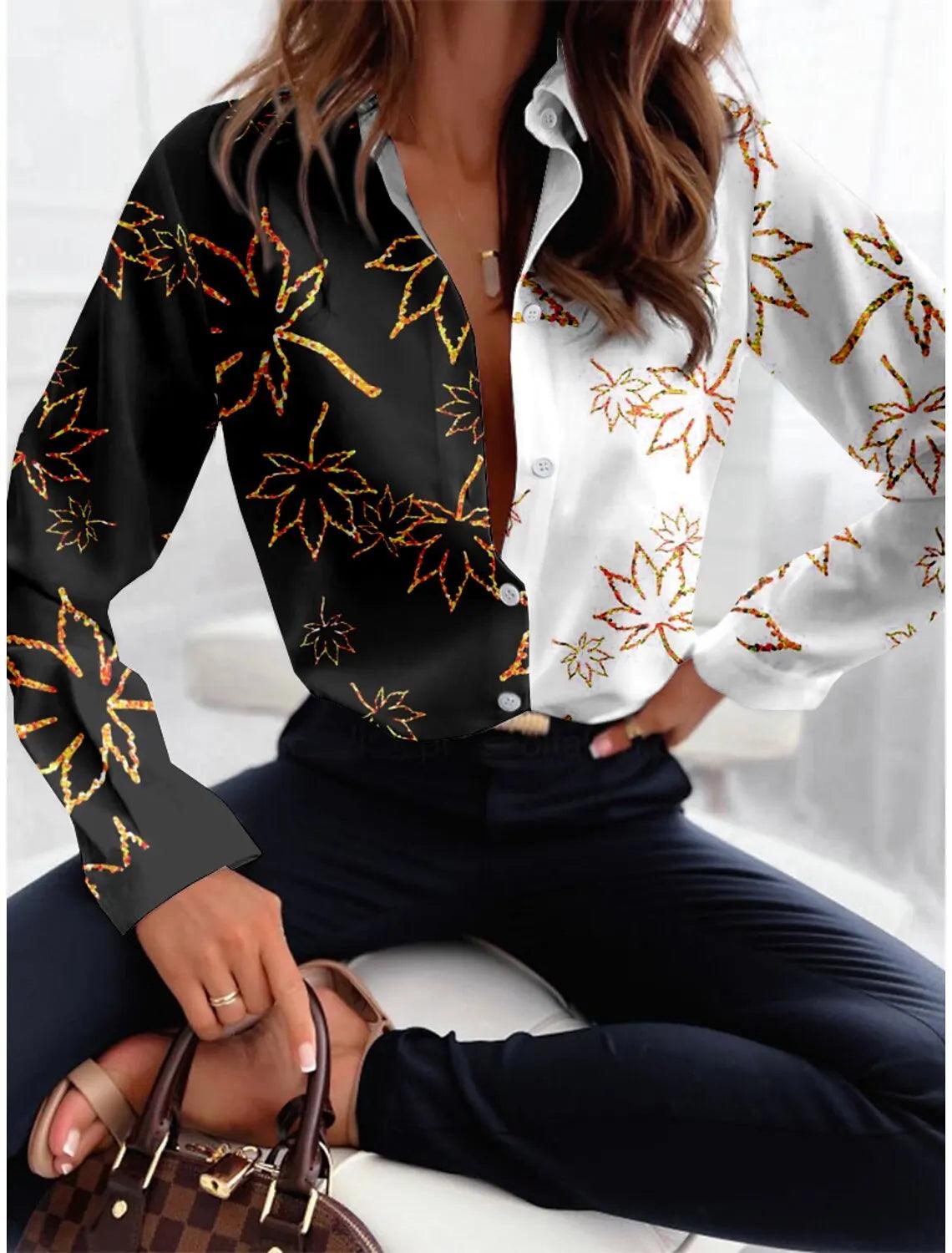 Fashion Women's Button Top New Texture Printed Shirt Temperament Women's Office Long Sleeve Shirt 2024 Autumn Casual Top - Durage Collection