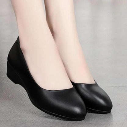 Women Fashion Light Weight Wedge Heel Comfort Spring & Autumn Shoes Lady Casual Sweet Home & Outside Black Leather Pumps E1419 - Durage Collection