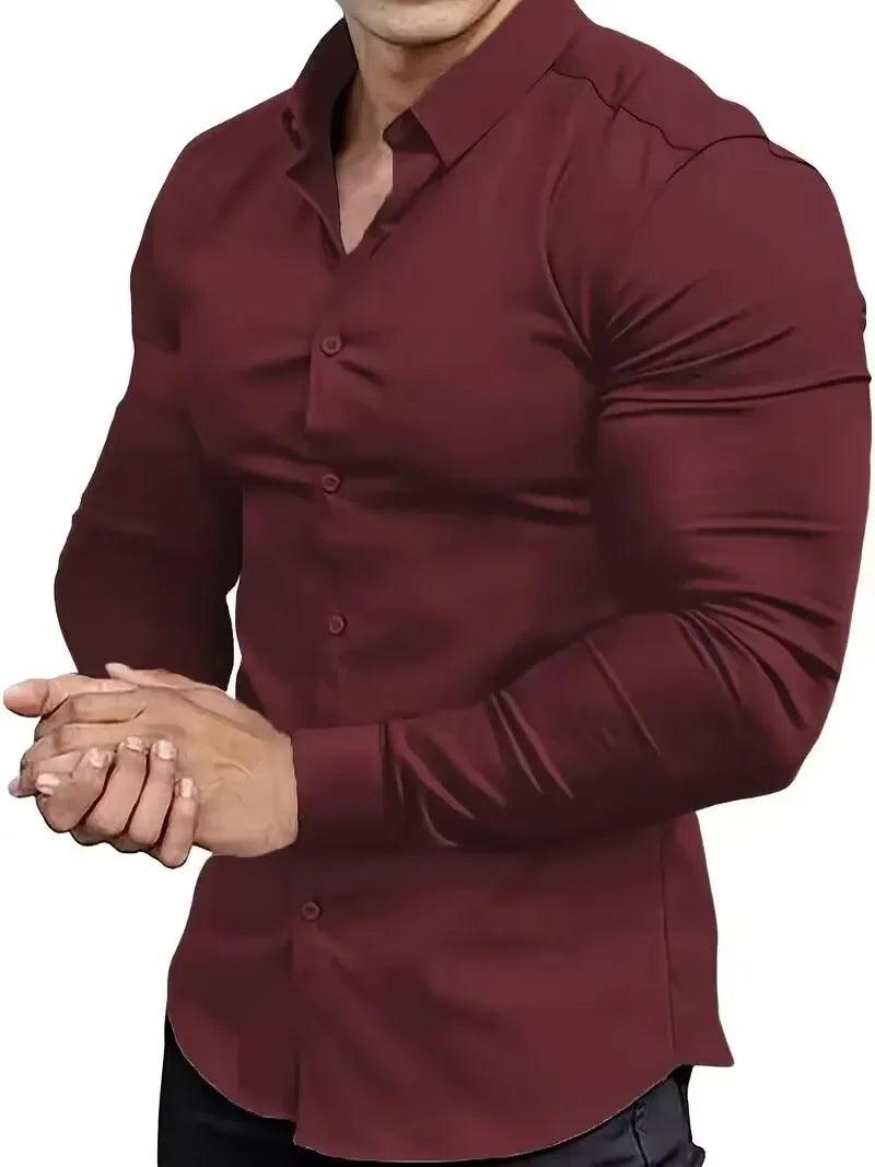New men's solid color simple casual Korean version slim fit long sleeved shirt - Durage Collection