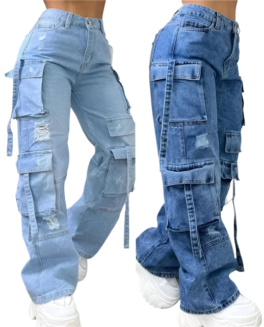 Women Denim Trousers Fashionable Solid Color Versatile Multi-pocket Casual Pants Ladies Large Size High Waist Denim 2025 - Durage Collection