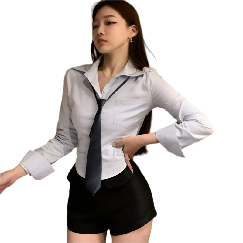 Gidyq Elegant Women Korean Shirts Fashion Streetwear Female Slim Blouse Spring Y2K Casual Office Ladies Sexy Cropped Tops New - Durage Collection