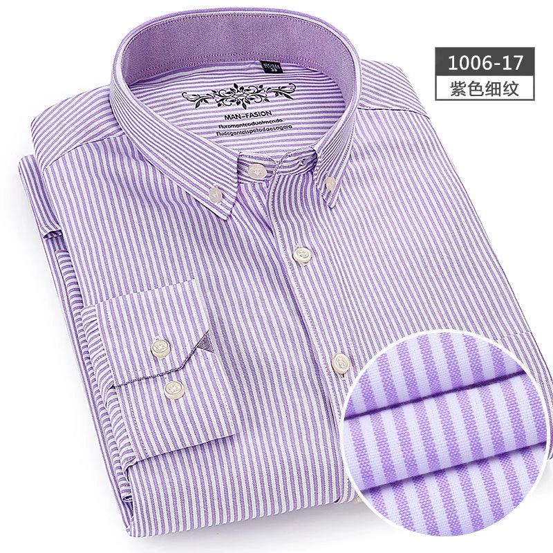 New Oxford woven men's shirt long sleeve striped fashion print casual business social breathable no-iron buckle collar - Durage Collection