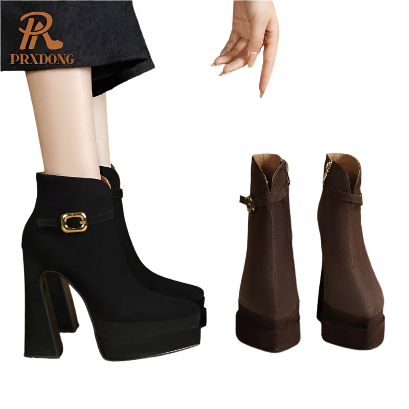 PRXDONG Women's Shoes 2024 New Brand Genuine Leather Chunky High Heels Platform Black Brown Dress Party Office Lady Ankle Boots - Durage Collection