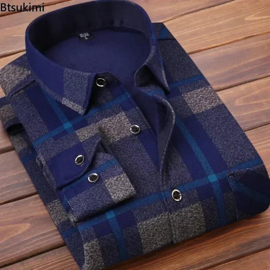 2024 Men's Autumn Winter Casual Long Sleeve Plaid Shirt Thick Warm Men's Casual High Quality Soft Large Size Warm Shirt Tops 4XL - Durage Collection