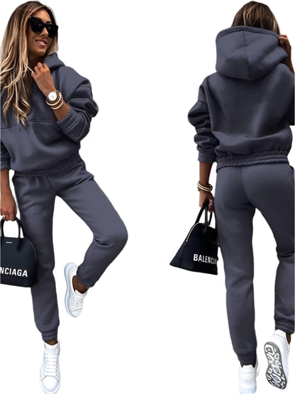 Autumn Winter New Solid Color Long Sleeve Hoodie Women's Casual Suit Fashion Loose Sports Hoodie + Small Foot Pants 2 Piece Set - Durage Collection