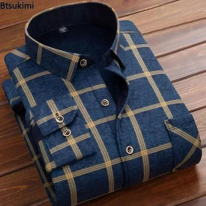 2024 Men's Autumn Winter Casual Long Sleeve Plaid Shirt Thick Warm Men's Casual High Quality Soft Large Size Warm Shirt Tops 4XL - Durage Collection