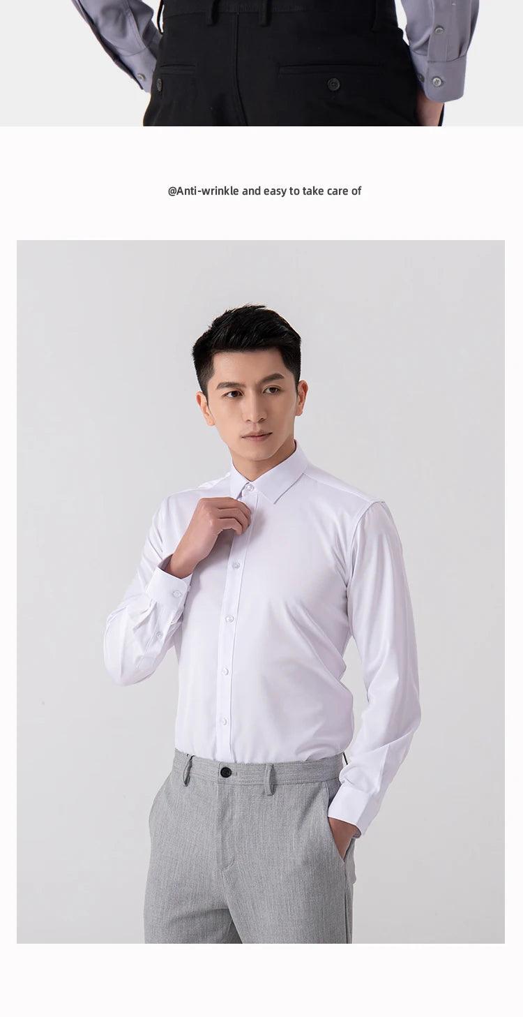 New Men's Solid Color Business Shirt Formal Fashion Thin Classic Basic Casual Slim White Long Sleeve Social Shirt Brand Clothes - Durage Collection