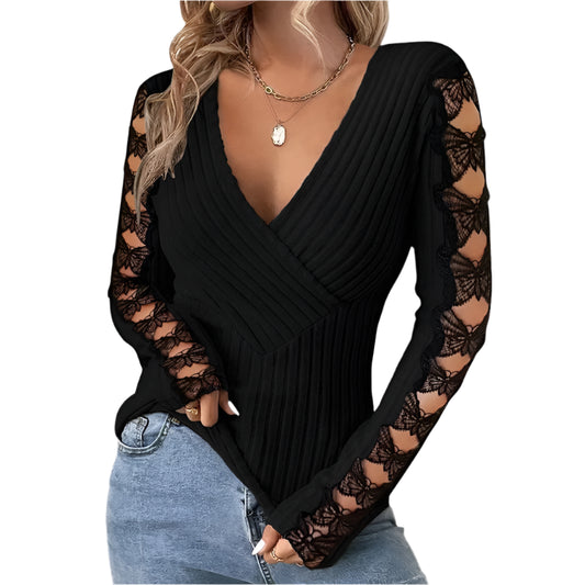 2024 Women Deep V Neck Wrap Lace Bow Hollow Out Knitting Basic Black Blouse Top - Durage Collection