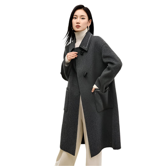 SENTUBILA Korean Style 100% Wool Coat Women 2024 Winter Oversize Double Sided Turn Down Collar Big Pockets Overcoat W44O56662 - Durage Collection