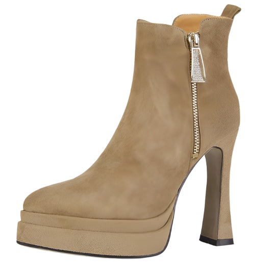 PRXDONG Genuine Leather Women's ANkle Boots Sexy High Heels Thick Platform Black Khaki Zipper Dress Party Office Lady Shoes 39 - Durage Collection