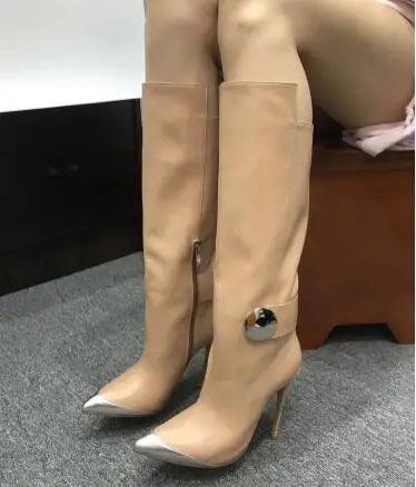 Full Cowhide High Heel Knee High Boots Women Metal Pointed Toe Side Zipper Long Boots Lady Long Boots Woman Stiletto High Heels - Durage Collection