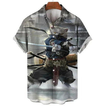 Fashion Men's hawaiian shirts 3D Print Japanese Camurai Cat Casual Shirts For Men summer short sleeve tee tops Aloha Shirts - Durage Collection