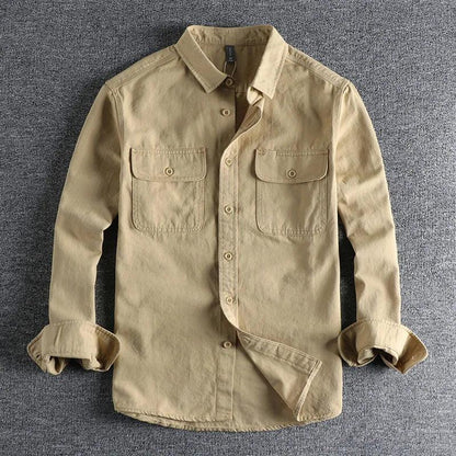 Vintage Retro Men Cargo Shirt Jacket Canvas Cotton Khaki Military Uniform Light Casual Work Safari Style Shirts Mens Tops Shirt - Durage Collection