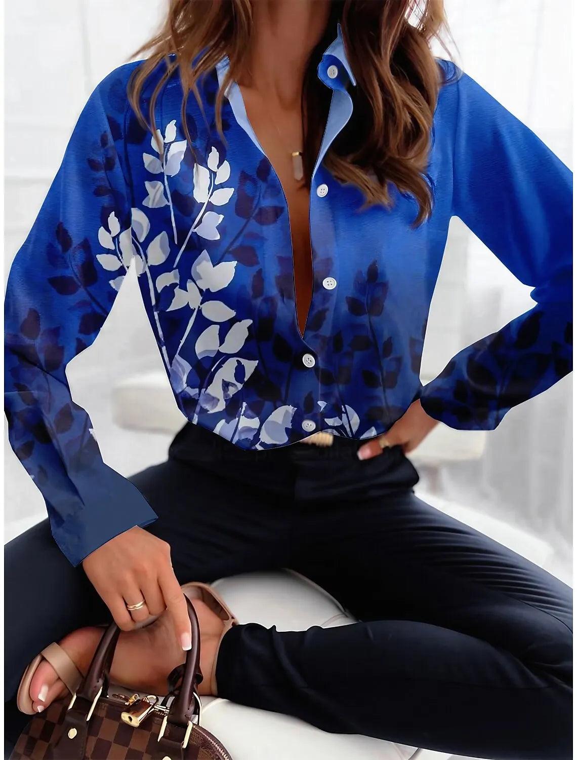 Fashion Women's Button Top New Texture Printed Shirt Temperament Women's Office Long Sleeve Shirt 2024 Autumn Casual Top - Durage Collection