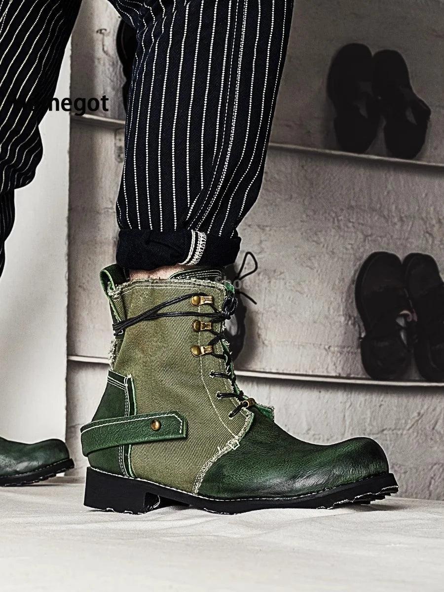 Men Atrovirens Cowhide Boots Vintage Fashion Lace-Up for Male Round Toe Canvas Genuine Leather Breathable Patchwork Men's Shoes - Durage Collection