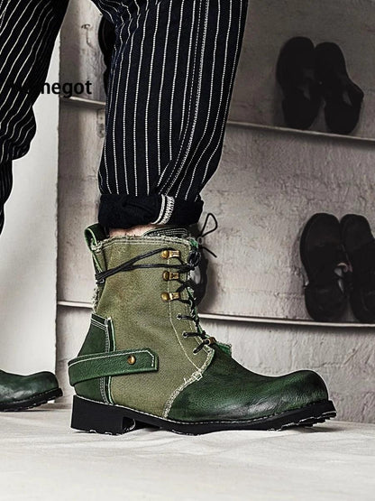 Men Atrovirens Cowhide Boots Vintage Fashion Lace-Up for Male Round Toe Canvas Genuine Leather Breathable Patchwork Men's Shoes - Durage Collection