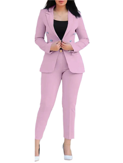 2pcs Women Office Clothing Set Long Sleeve Blazer Jacket & High Waist Pencil Pants Solid Color - Durage Collection