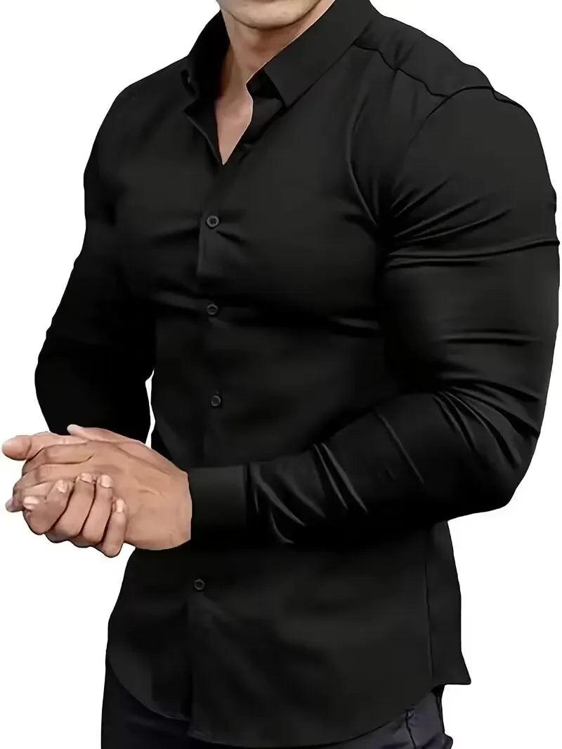 New men's solid color simple casual Korean version slim fit long sleeved shirt - Durage Collection