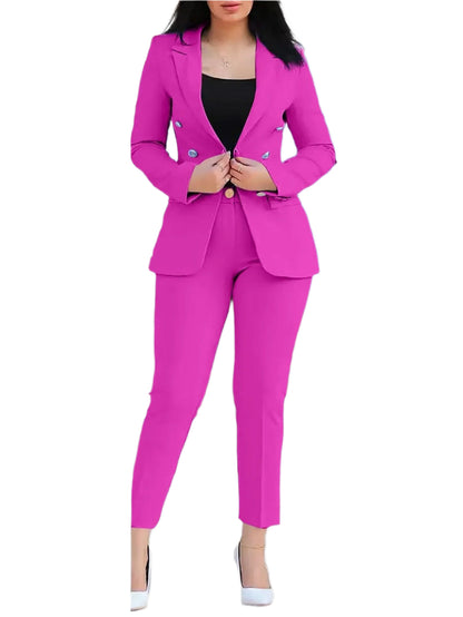 2pcs Women Office Clothing Set Long Sleeve Blazer Jacket & High Waist Pencil Pants Solid Color - Durage Collection