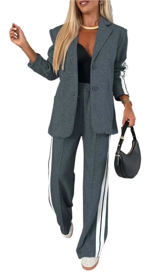 Autumn And Winter New Long Sleeves Suit Women's Suit Fashion Pimp Stitching Pants Pocket Female Office Blazer 2 Piece Set 2024 - Durage Collection