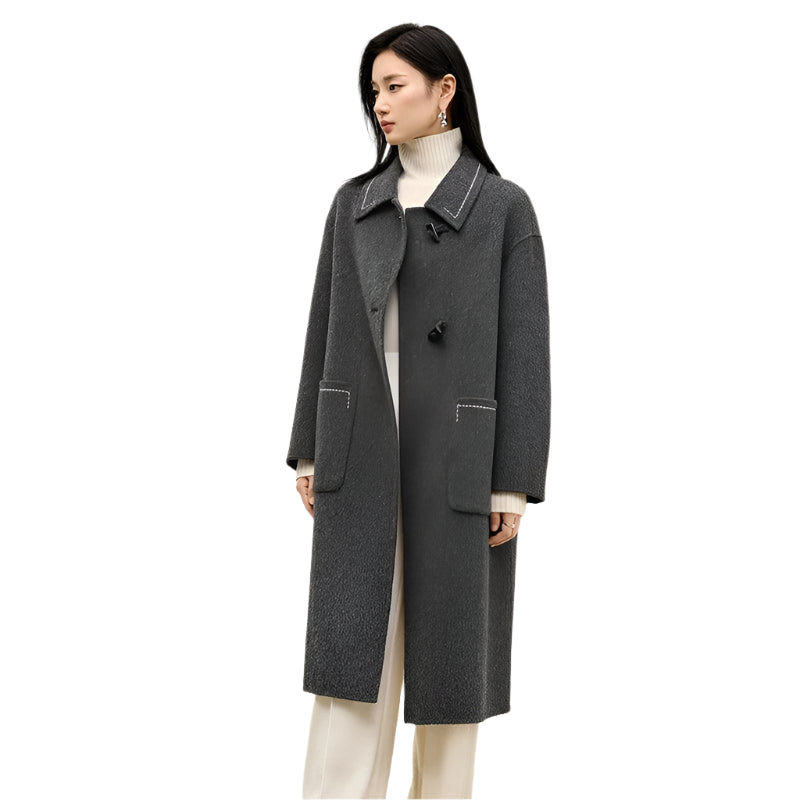 SENTUBILA Korean Style 100% Wool Coat Women 2024 Winter Oversize Double Sided Turn Down Collar Big Pockets Overcoat W44O56662 - Durage Collection