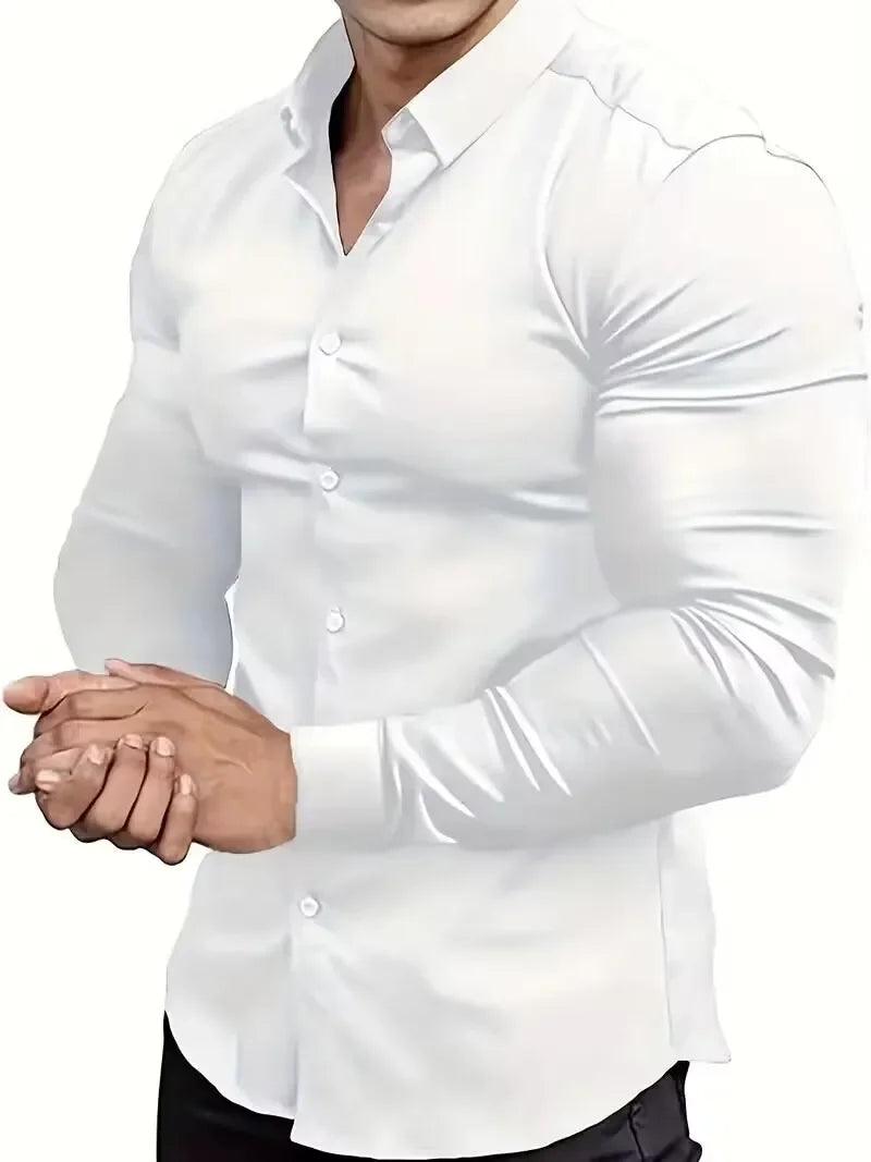New men's solid color simple casual Korean version slim fit long sleeved shirt - Durage Collection