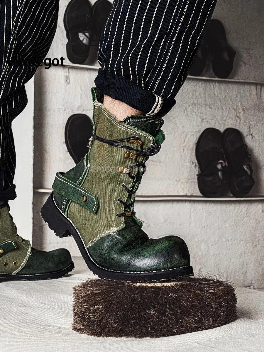 Men Atrovirens Cowhide Boots Vintage Fashion Lace-Up for Male Round Toe Canvas Genuine Leather Breathable Patchwork Men's Shoes - Durage Collection
