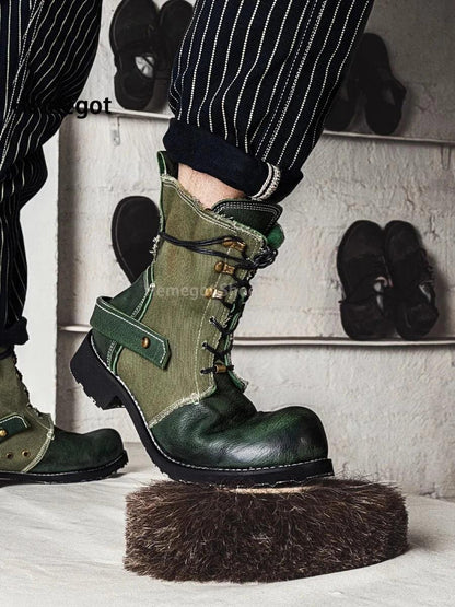 Men Atrovirens Cowhide Boots Vintage Fashion Lace-Up for Male Round Toe Canvas Genuine Leather Breathable Patchwork Men's Shoes - Durage Collection