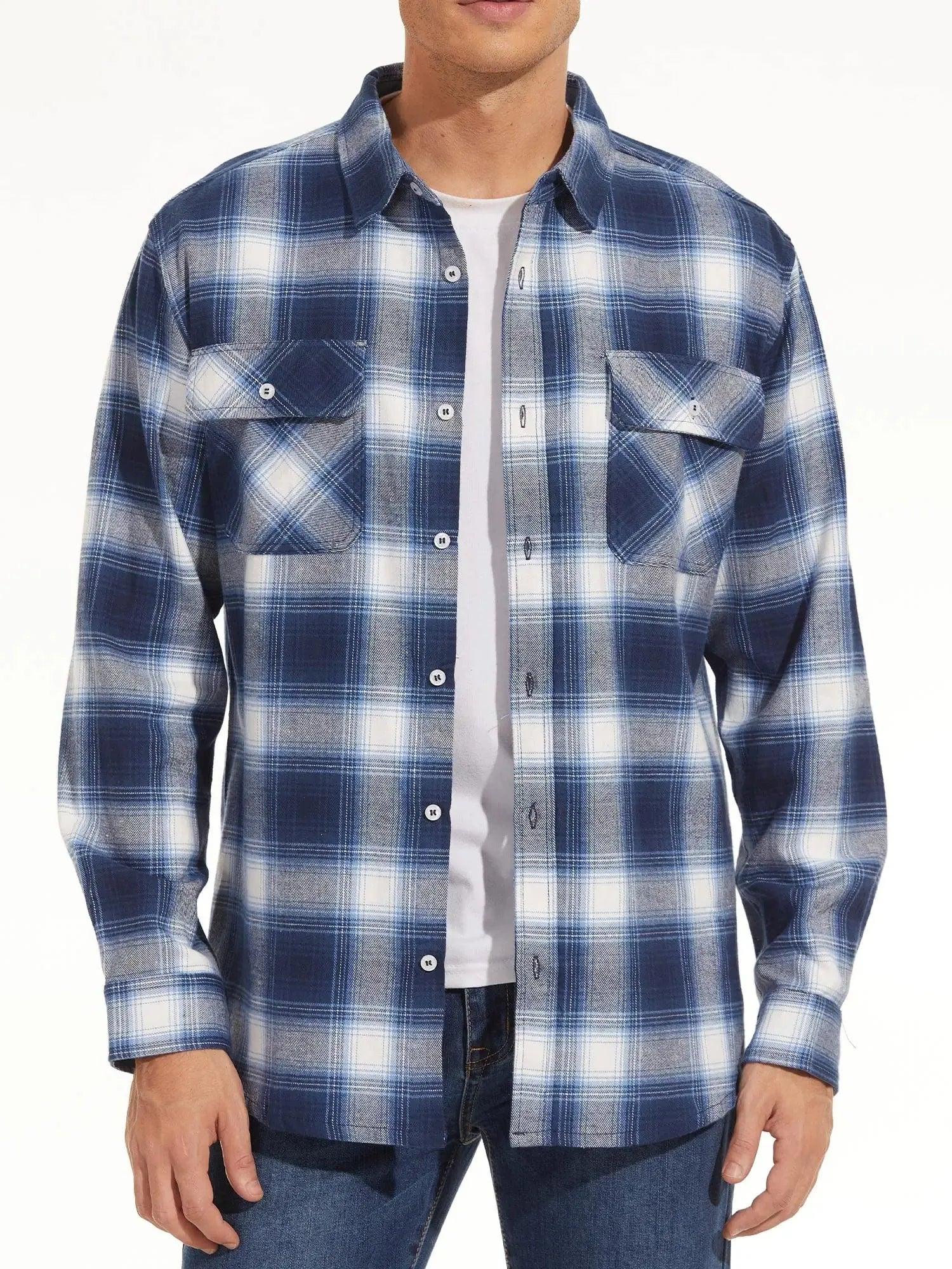 TACVASEN Oversize Lightweight Shirt Jacket Button Down Cotton Plaid Shirts Mens Long Sleeve Streetwear Flannel Shirts W/ Pockets - Durage Collection