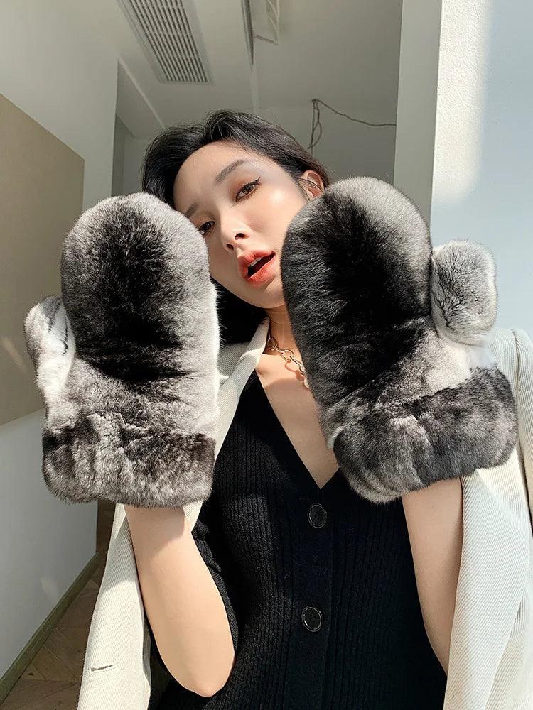 Winter Real Chinchilla Fur Gloves With Genuine Mink Fur Mittens Unisex Women Men's Authentic Chinchilla Fur Glove - Durage Collection