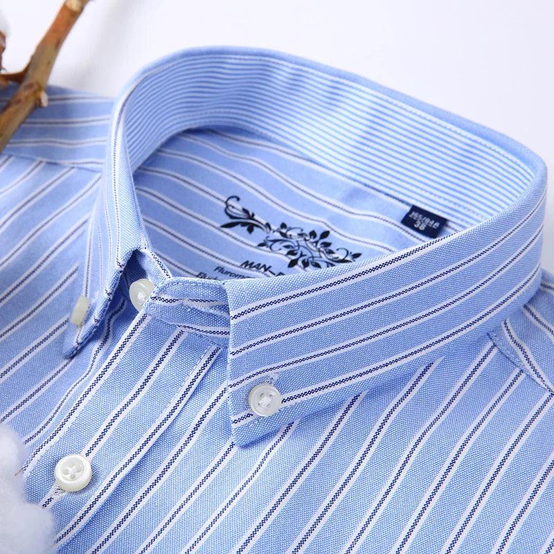 New Oxford woven men's shirt long sleeve striped fashion print casual business social breathable no-iron buckle collar - Durage Collection
